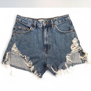 Topshop Blue Vintage-Style Jean Shorts with Distressed Details